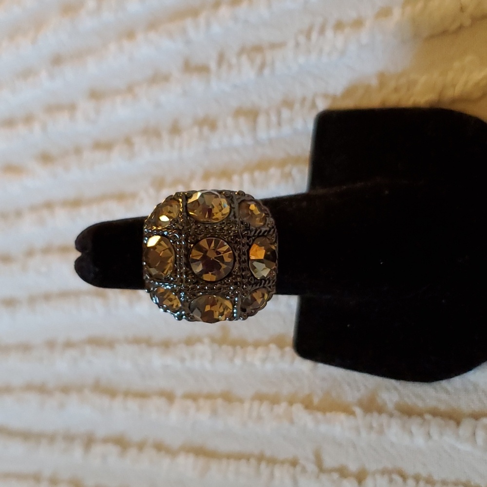 Rhinestone Gun Metal Ring, Size 6